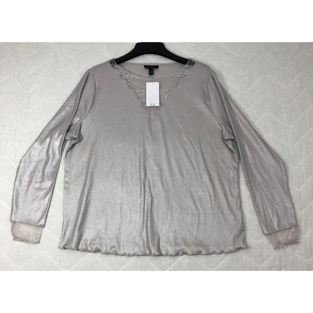 Jessica Simpson Blouse Women's Size 2X Silver Grey Metallic Lace Trim Ribbed Top - Picture 2 of 12